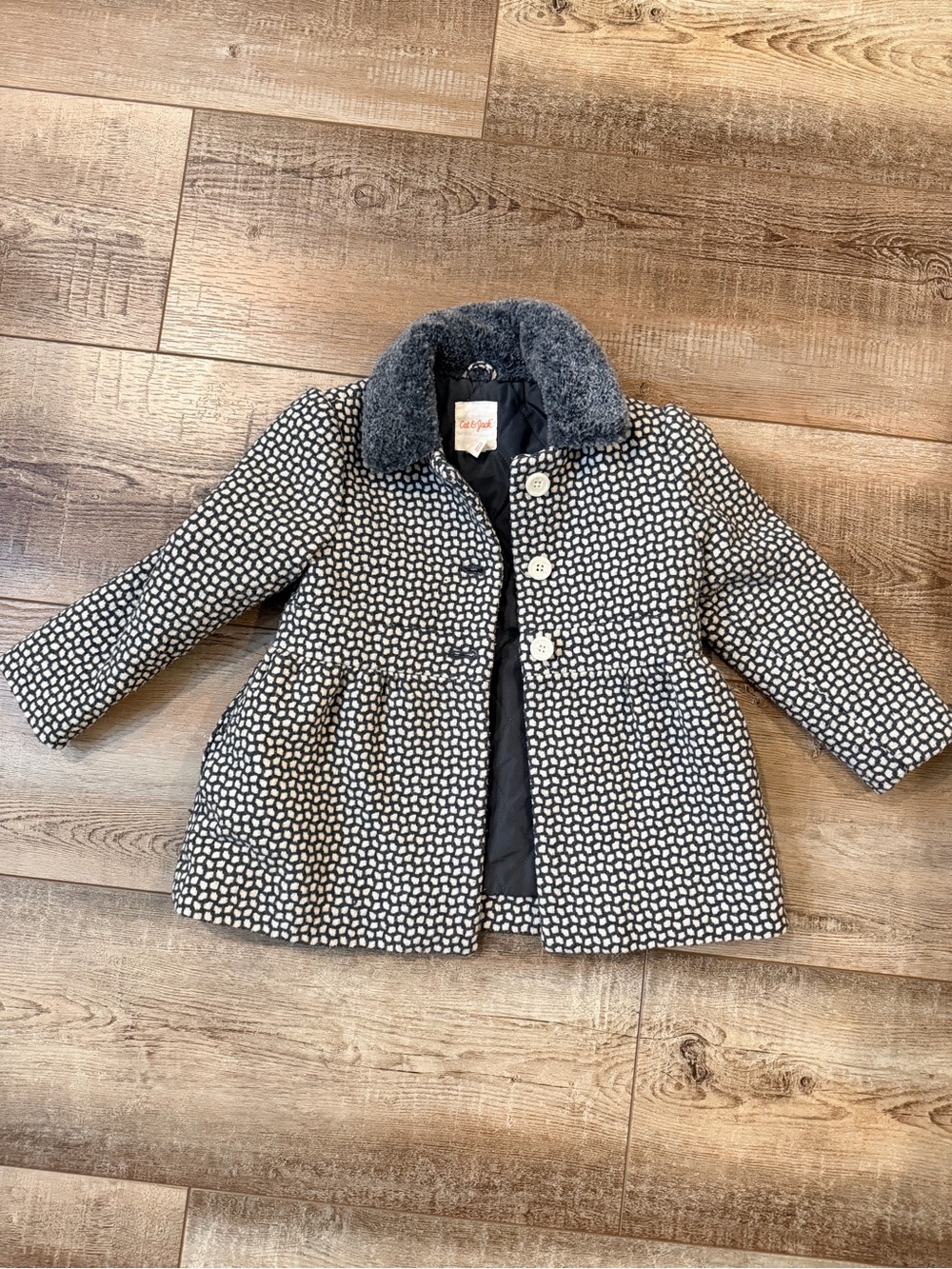 Cat & Jack Black and White Polka Dot Quilted Pea Coat with Faux Fur Collar